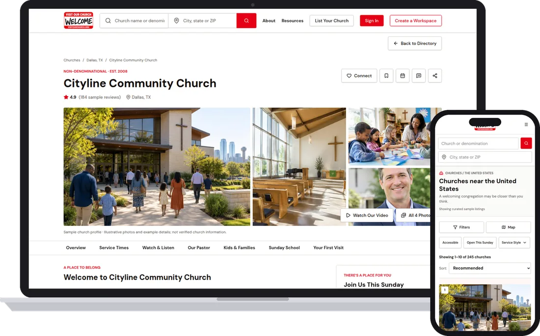 Visit Our Church homepage, church profile, calendar, and reviews pages shown across desktop, tablet, and phone